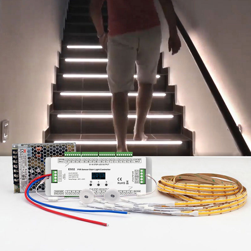 Complete ES32 Channel Tread Motion Sensor LED Stair Lights Kit DC12V COB LED Lighting Set